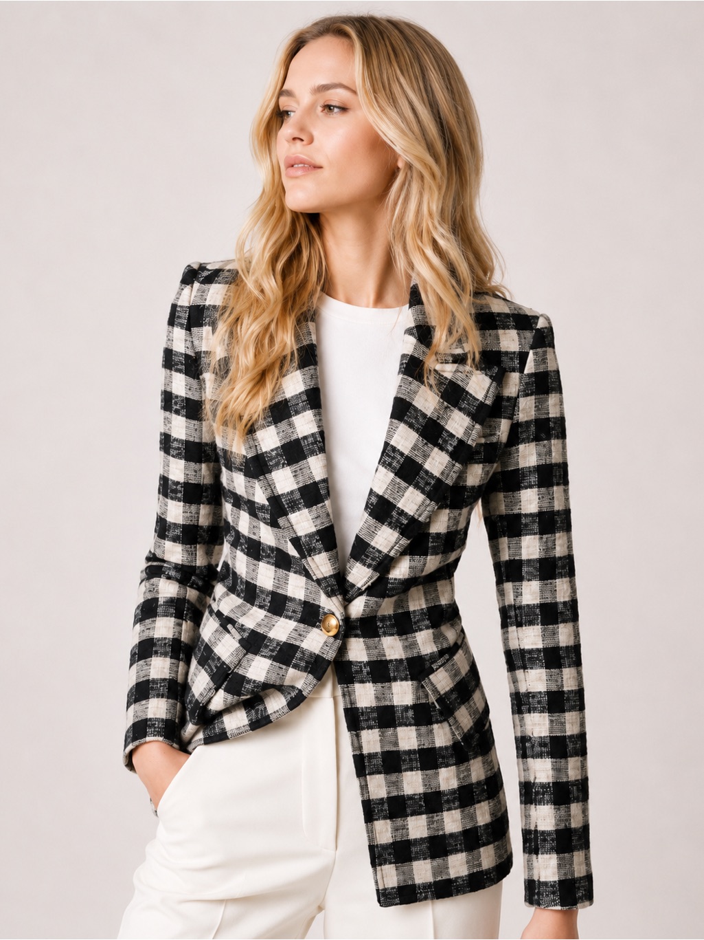 Smythe Gingham Plaid Lounge Blazer In Black And Stone Check Size 4